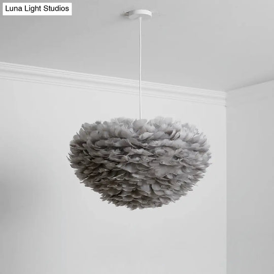 Dome Bedroom Feather Chandelier Pendant - 19.5’/23.5’ Wide Grey/White/Pink Simple Hanging Light