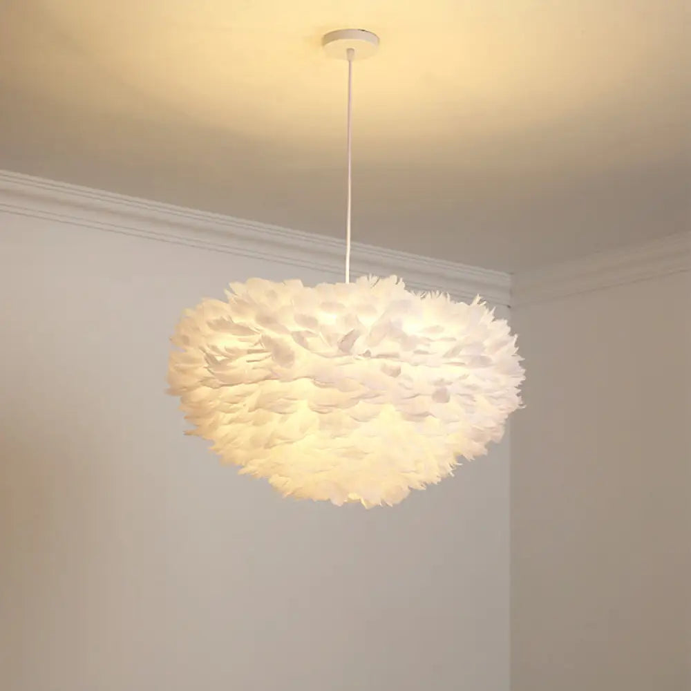 Dome Bedroom Feather Chandelier Pendant - 19.5’/23.5’ Wide Grey/White/Pink Simple Hanging Light