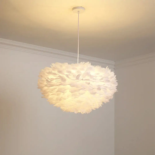 Dome Bedroom Feather Chandelier Pendant - 19.5’/23.5’ Wide Grey/White/Pink Simple Hanging Light