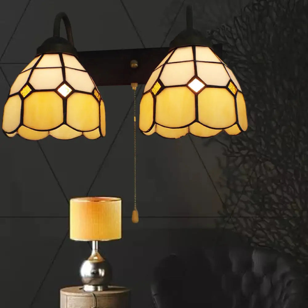 Dome Beige Glass Wall Light Fixture Tiffany Black Sconce With Pull Chain Switch - 2 Heads