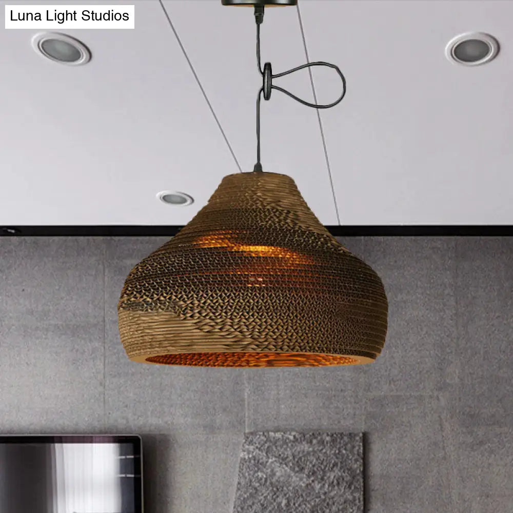 Brown Corrugated Paper Pendant Lamp - Dome/Bowl Shade Contemporary Design 1 Head Suspension Light