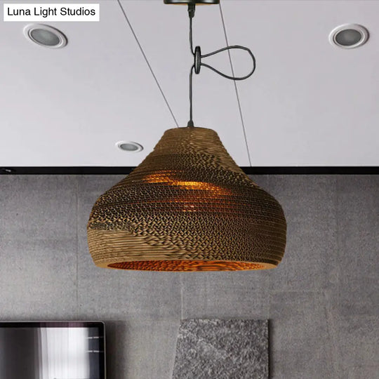 Brown Corrugated Paper Pendant Lamp - Dome/Bowl Shade Contemporary Design 1 Head Suspension Light