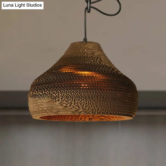 Brown Corrugated Paper Pendant Lamp - Dome/Bowl Shade Contemporary Design 1 Head Suspension Light /