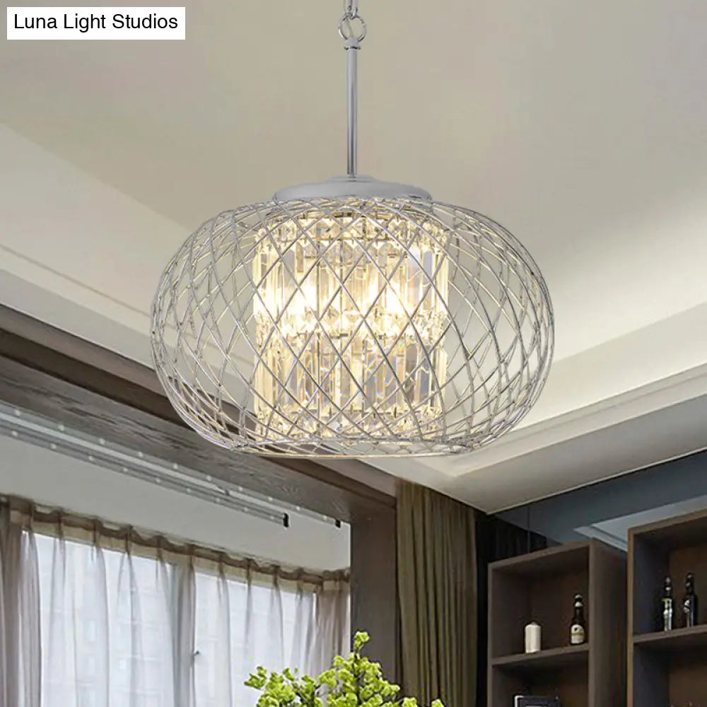 Dome Cage Crystal Block Chandelier: Modern Chrome Dining Room Lighting With 3 Lights