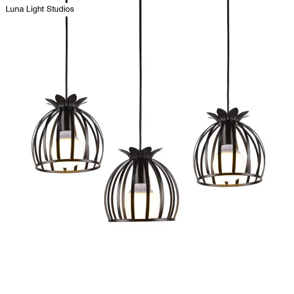 Dome Cage Pendant Light With 3 Heads In Metallic Loft Style For Dining Room - Black/White