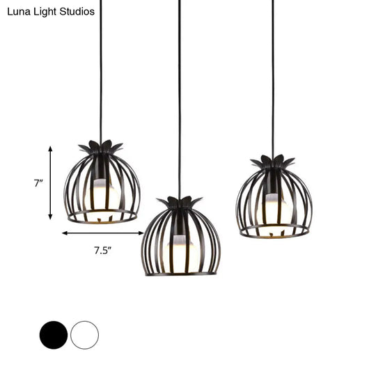 Dome Cage Pendant Light With 3 Heads In Metallic Loft Style For Dining Room - Black/White