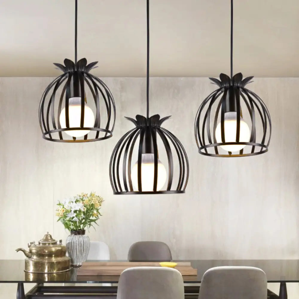 Dome Cage Pendant Light With 3 Heads In Metallic Loft Style For Dining Room - Black/White Black