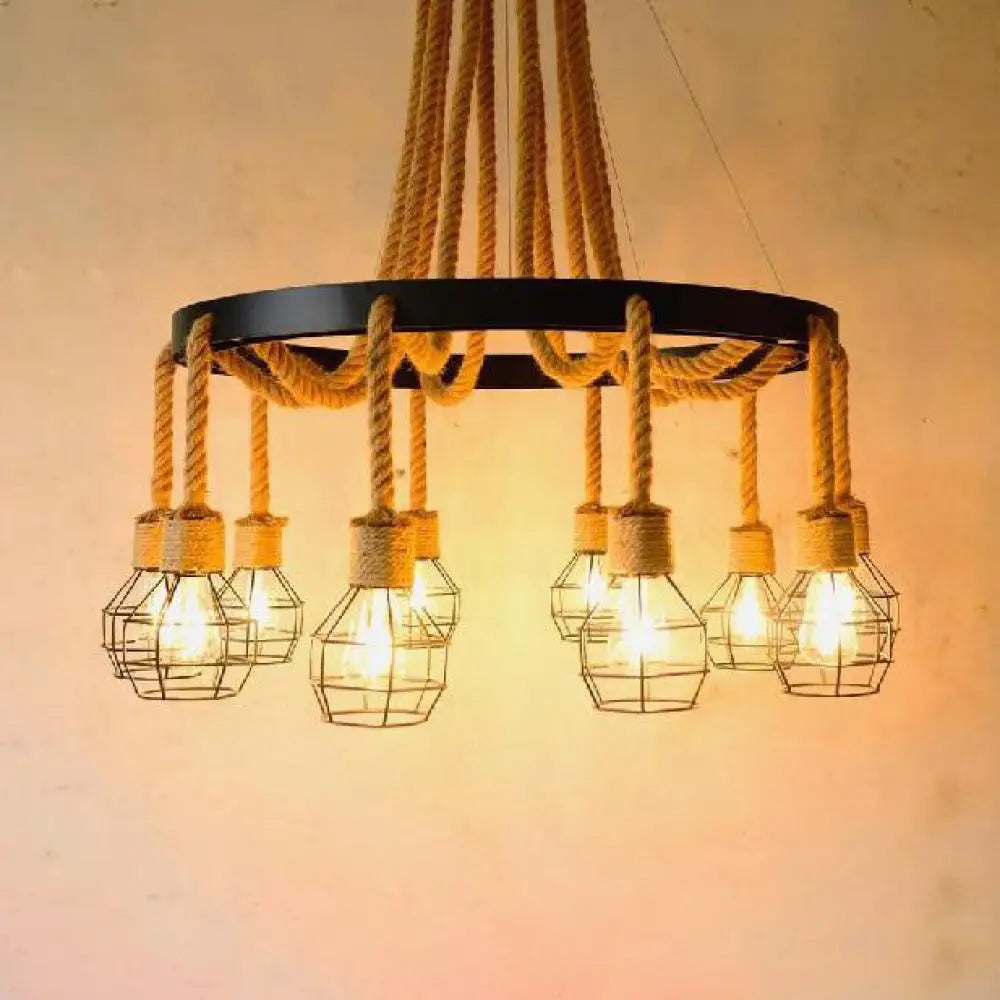 Dome Cage Retro Style Ceiling Pendant Light - 4/6 Bulbs Brown Rope And Metal Chandelier For Hallway