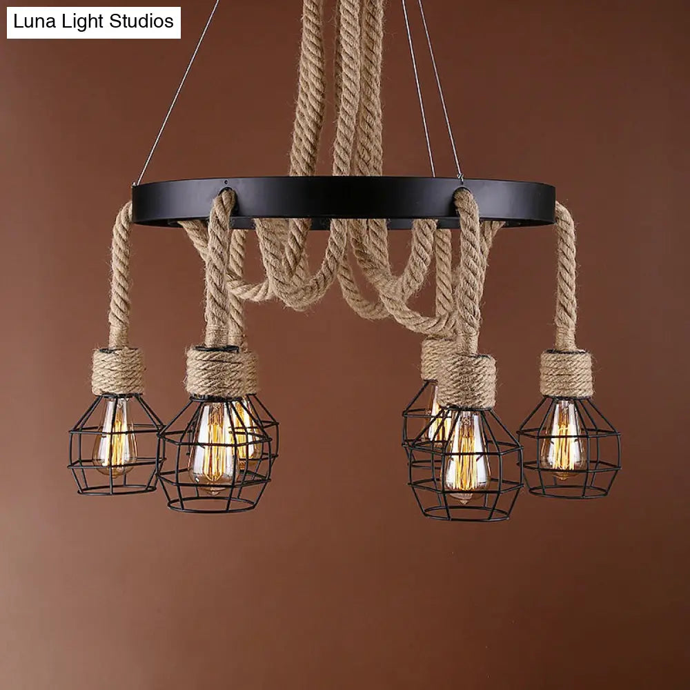 Dome Cage Retro Style Ceiling Pendant Light - 4/6 Bulbs Brown Rope And Metal Chandelier For Hallway