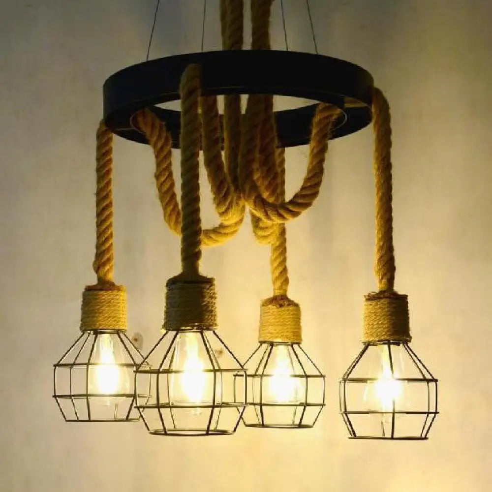 Dome Cage Retro Style Ceiling Pendant Light - 4/6 Bulbs Brown Rope And Metal Chandelier For Hallway