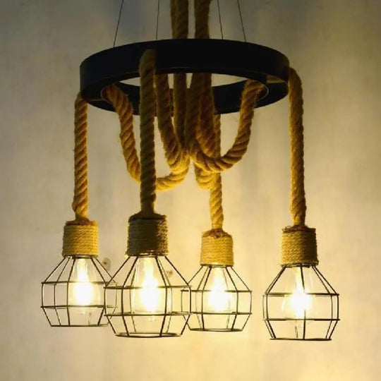 Dome Cage Retro Style Ceiling Pendant Light - 4/6 Bulbs Brown Rope And Metal Chandelier For Hallway