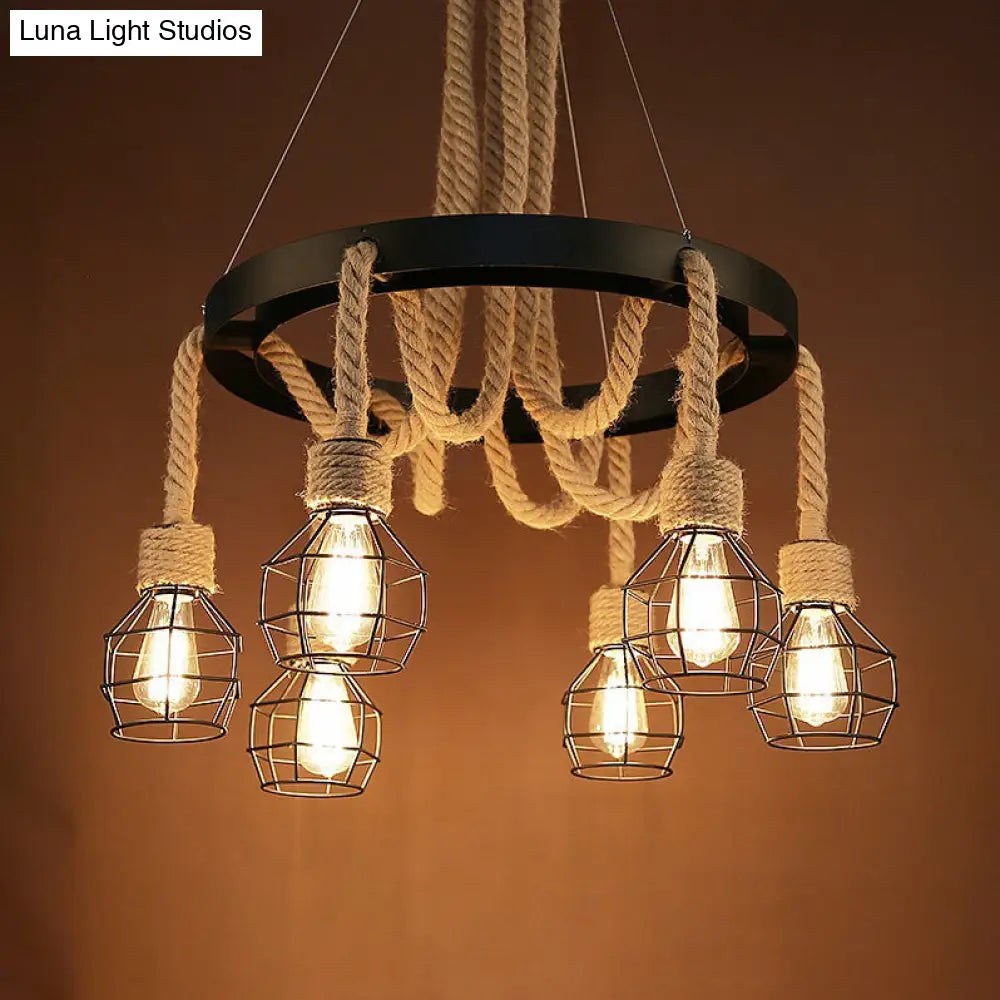 Retro Style Dome Cage Chandelier With Brown Rope And Metal Finish - Perfect For Hallway 6 /