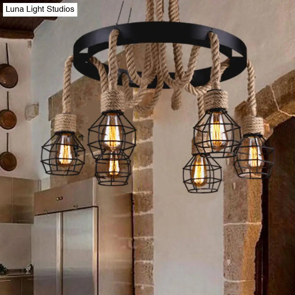 Dome Cage Retro Style Ceiling Pendant Light - 4/6 Bulbs Brown Rope And Metal Chandelier For Hallway