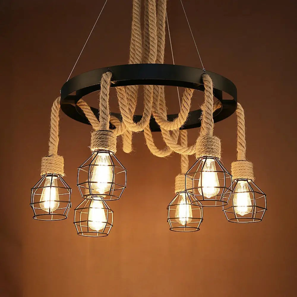 Dome Cage Retro Style Ceiling Pendant Light - 4/6 Bulbs Brown Rope And Metal Chandelier For Hallway