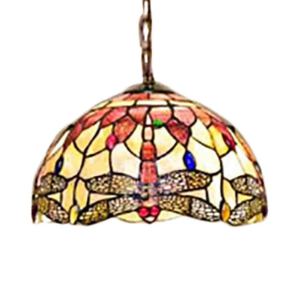 Dome Ceiling Lamp: Tiffany Shell Pink Dragonfly Pattern 3-Bulb Pendant Light - 12’/16’ Wide / 12’