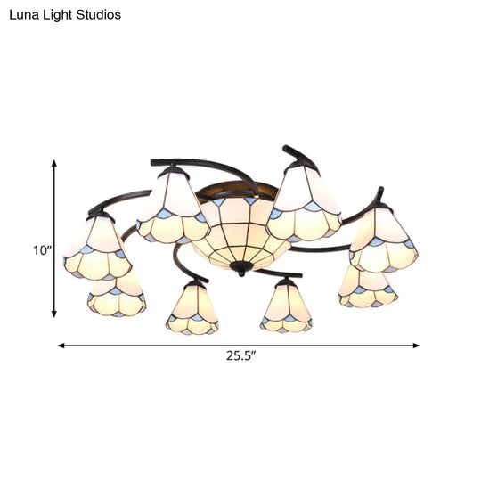 Dome/Conical Semi Flush Mount Mediterranean Ceiling Lamp - 11 Lights White/Blue Glass Ideal For