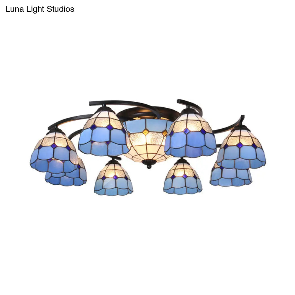 Dome/Conical Semi Flush Mount Mediterranean Ceiling Lamp - 11 Lights White/Blue Glass Ideal For