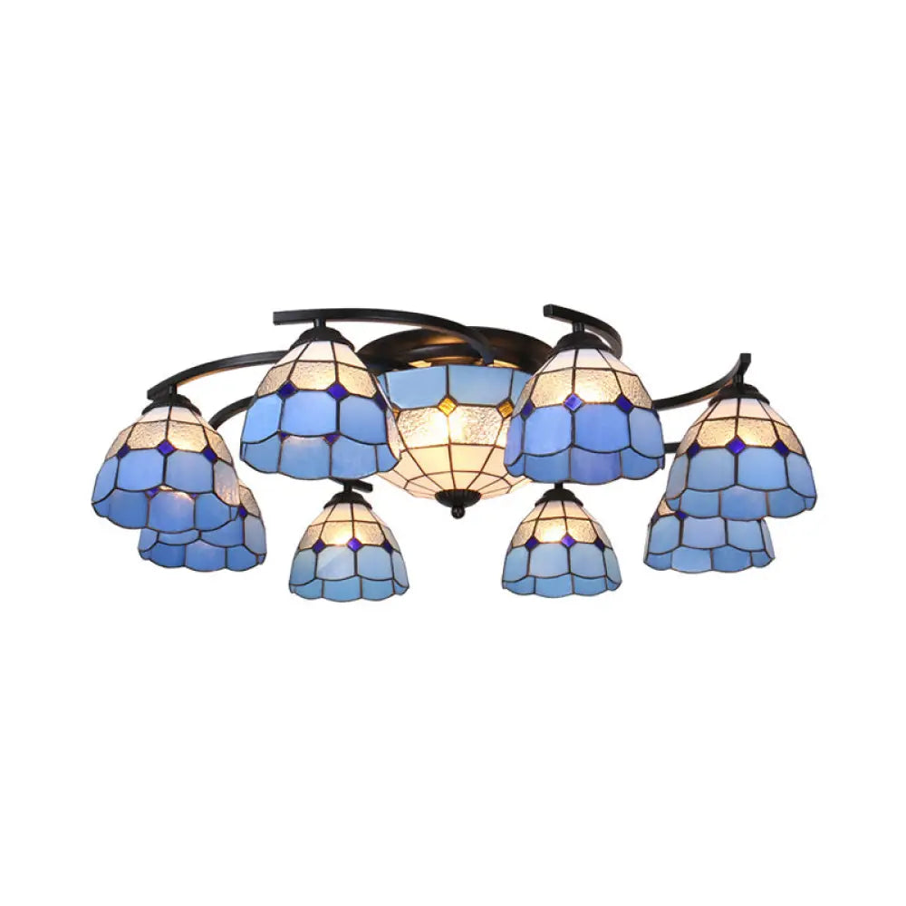Dome/Conical Semi Flush Mount Mediterranean Ceiling Lamp - 11 Lights White/Blue Glass Ideal For