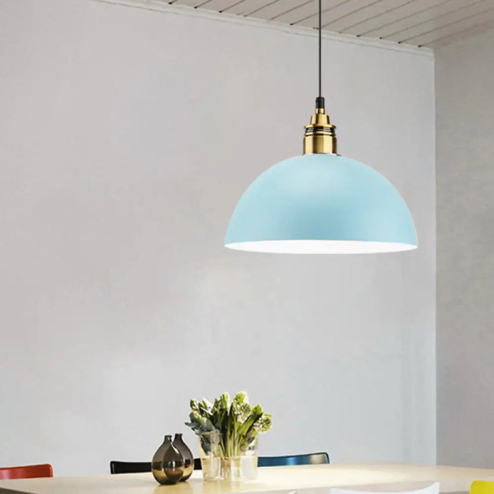 Dome/Cylinder/Cone Iron Hanging Light: Macaron Single White/Pink/Blue & Brass Ceiling Pendant For