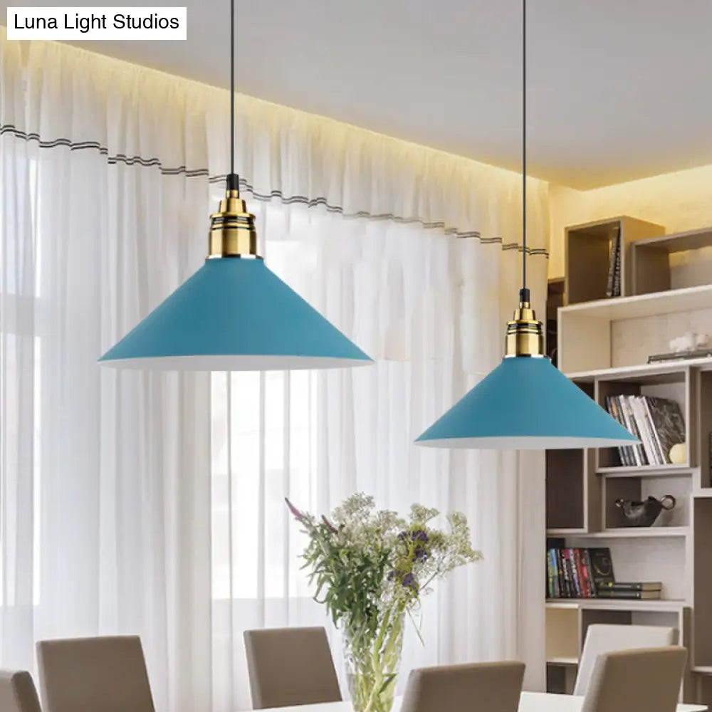 Dome/Cylinder/Cone Iron Hanging Light: Macaron Single White/Pink/Blue & Brass Ceiling Pendant For