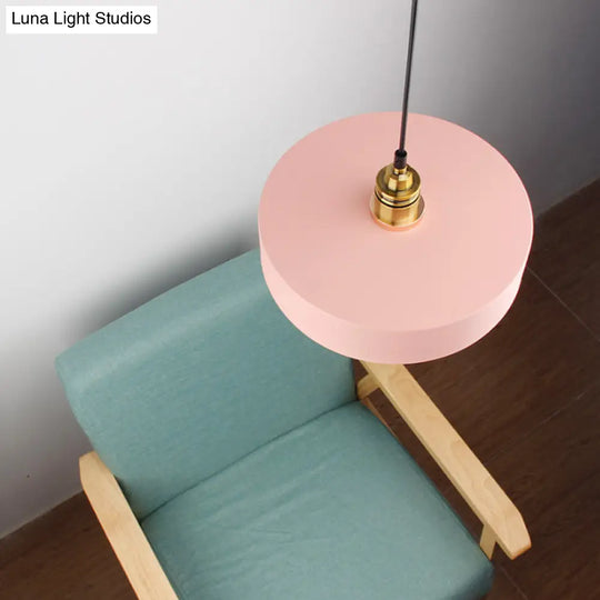 Dome/Cylinder/Cone Iron Hanging Light: Macaron Single White/Pink/Blue & Brass Ceiling Pendant For