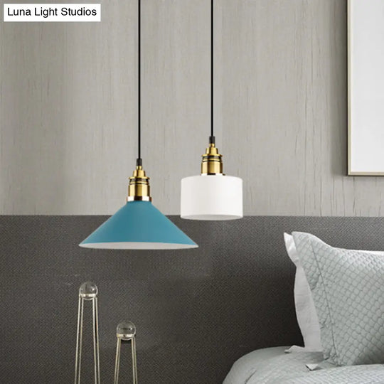 Dome/Cylinder/Cone Iron Hanging Light: Macaron Single White/Pink/Blue & Brass Ceiling Pendant For