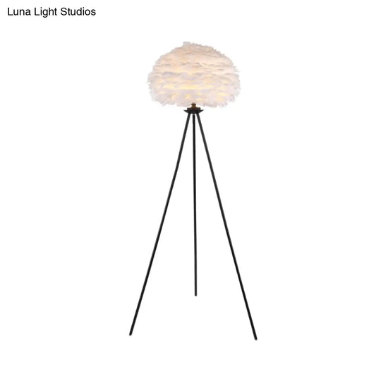 Dome Feather Floor Lamp - Minimalist Single Grey/White/Pink Light With Tripod For Bedroom