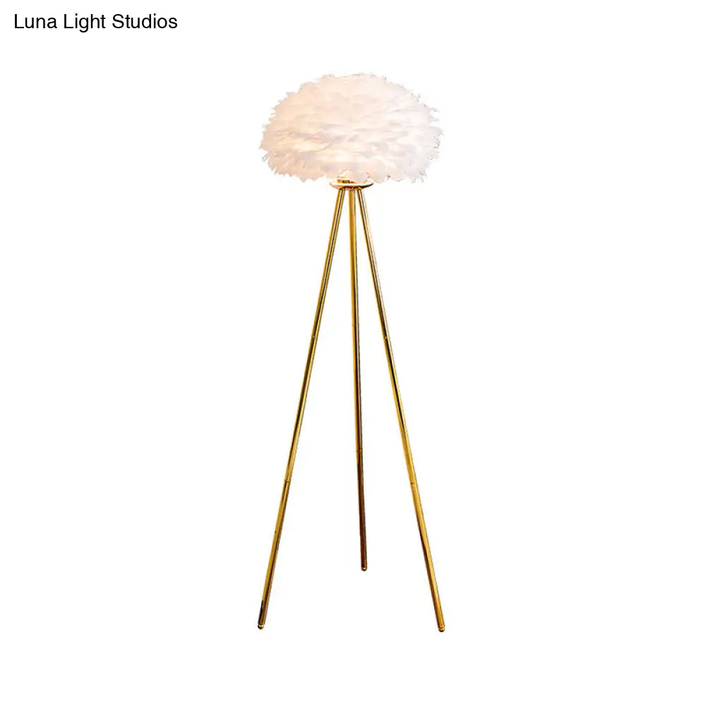 Dome Feather Floor Lamp - Minimalist Single Grey/White/Pink Light With Tripod For Bedroom