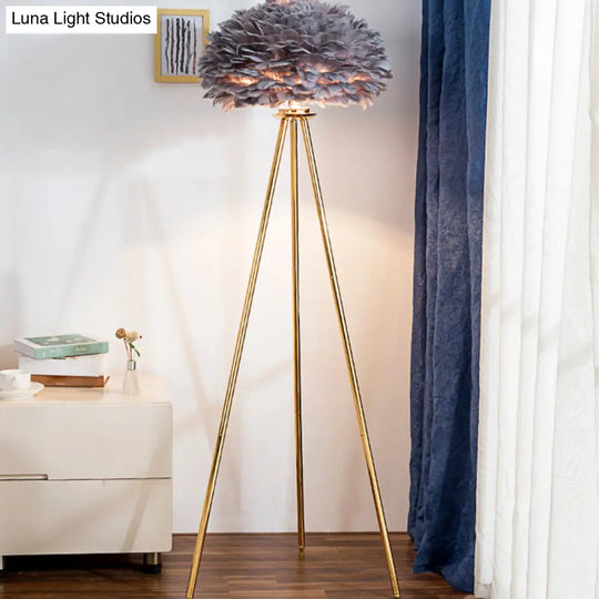 Dome Feather Floor Lamp - Minimalist Single Grey/White/Pink Light With Tripod For Bedroom