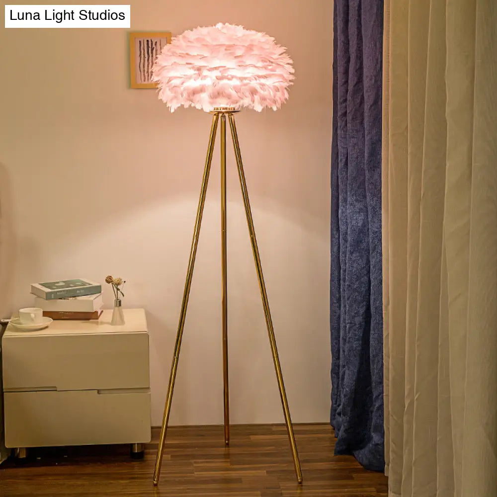 Dome Feather Floor Lamp - Minimalist Single Grey/White/Pink Light With Tripod For Bedroom