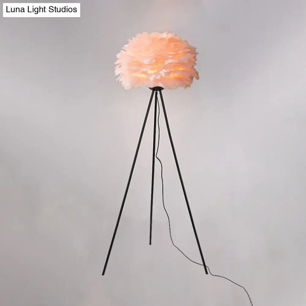 Dome Feather Floor Lamp - Minimalist Single Grey/White/Pink Light With Tripod For Bedroom