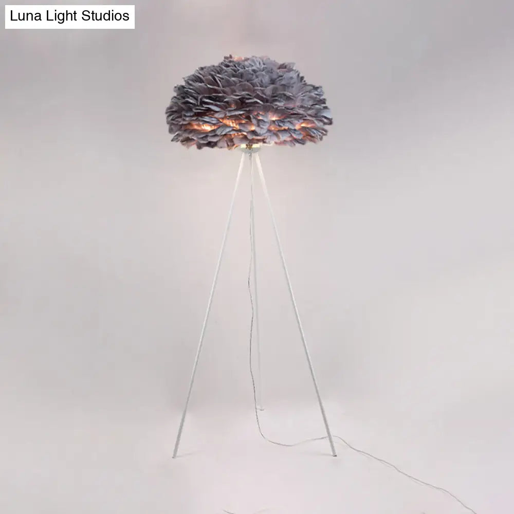 Dome Feather Floor Lamp - Minimalist Single Grey/White/Pink Light With Tripod For Bedroom