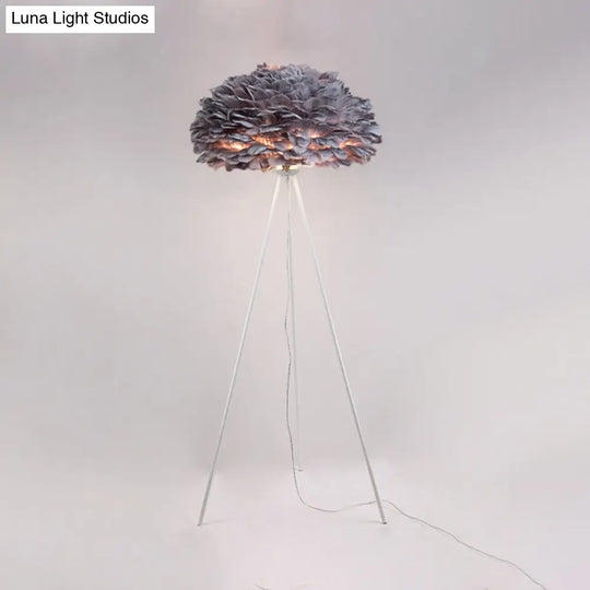 Dome Feather Floor Lamp - Minimalist Single Grey/White/Pink Light With Tripod For Bedroom