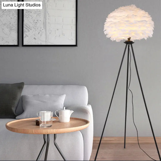 Dome Feather Floor Lamp - Minimalist Single Grey/White/Pink Light With Tripod For Bedroom