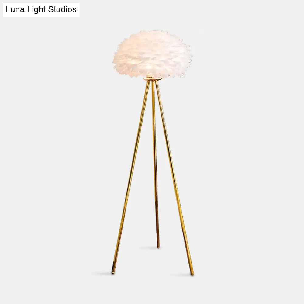 Dome Feather Floor Lamp - Minimalist Single Grey/White/Pink Light With Tripod For Bedroom