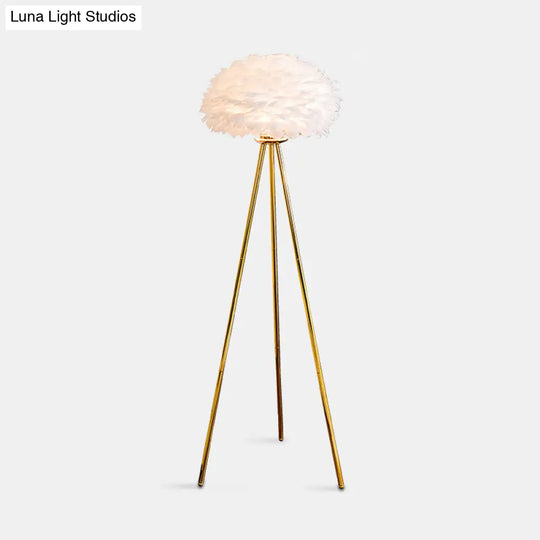 Dome Feather Floor Lamp - Minimalist Single Grey/White/Pink Light With Tripod For Bedroom