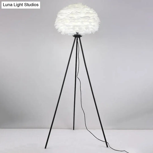 Dome Feather Floor Lamp - Minimalist Single Grey/White/Pink Light With Tripod For Bedroom