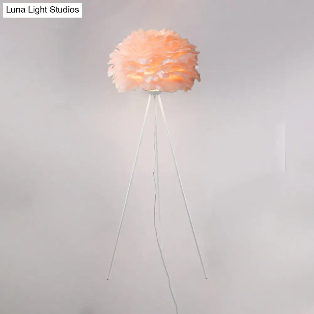 Dome Feather Floor Lamp - Minimalist Single Grey/White/Pink Light With Tripod For Bedroom