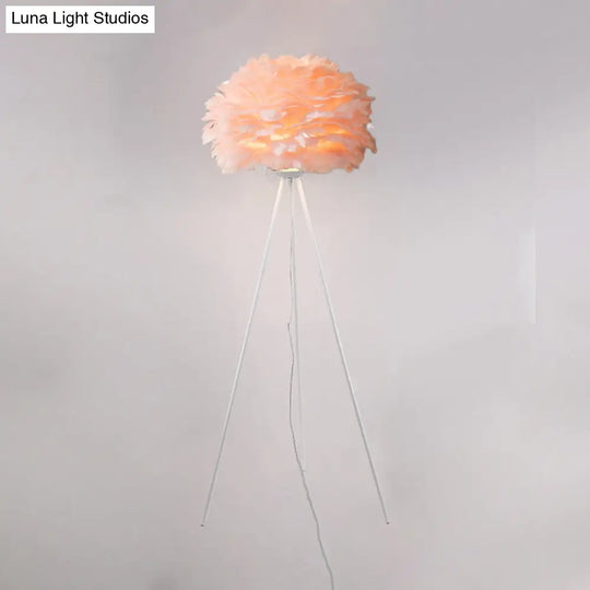 Dome Feather Floor Lamp - Minimalist Single Grey/White/Pink Light With Tripod For Bedroom