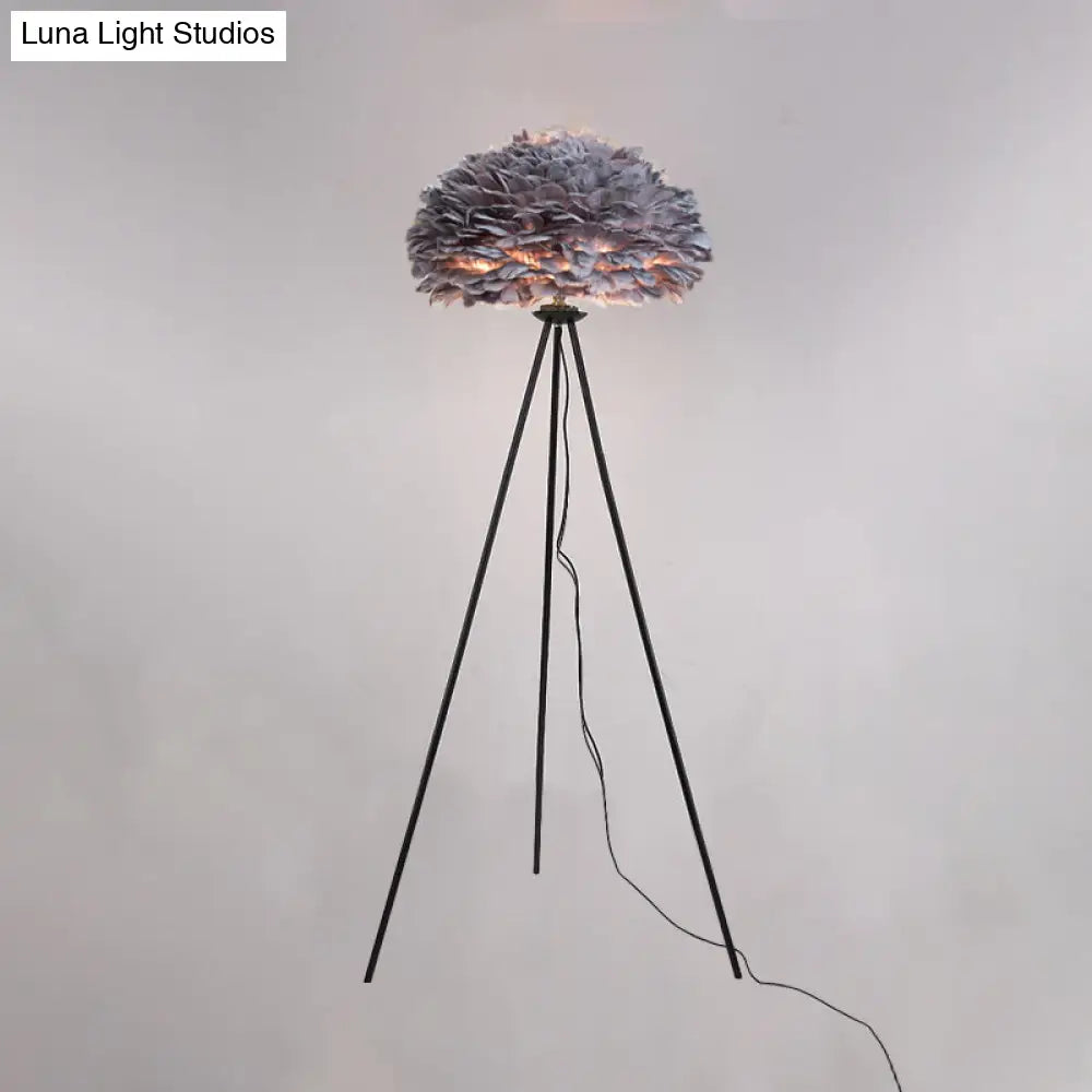 Dome Feather Floor Lamp - Minimalist Single Grey/White/Pink Light With Tripod For Bedroom