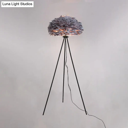 Dome Feather Floor Lamp - Minimalist Single Grey/White/Pink Light With Tripod For Bedroom