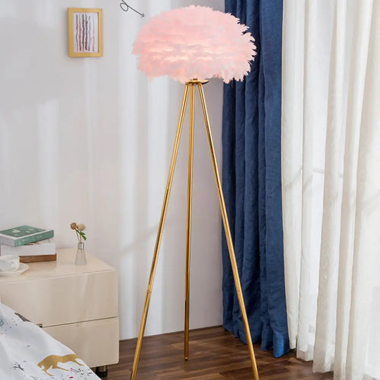 Dome Feather Floor Lamp - Minimalist Single Grey/White/Pink Light With Tripod For Bedroom Gold /