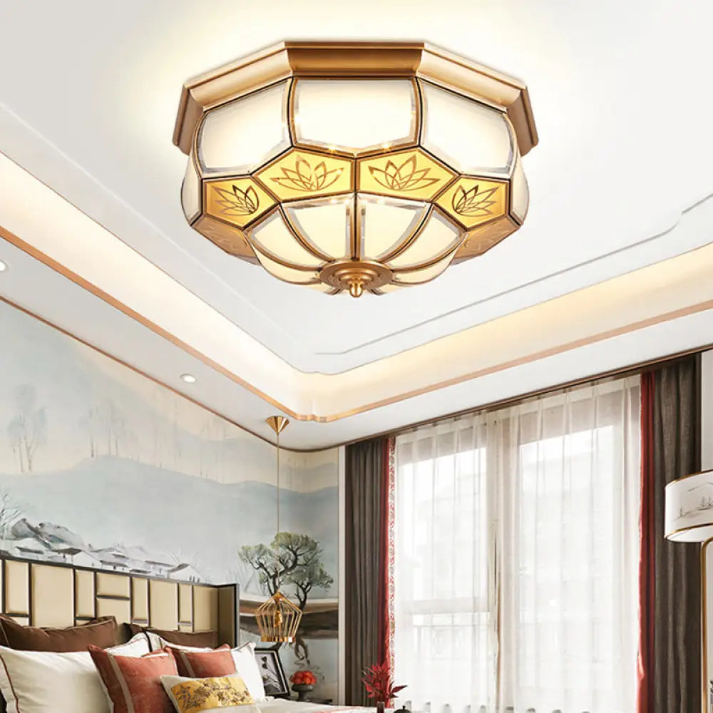 Dome Flush Mount Led Brass Ceiling Light Opal Glass Colonial Style - 13’/21’ Width / 13’