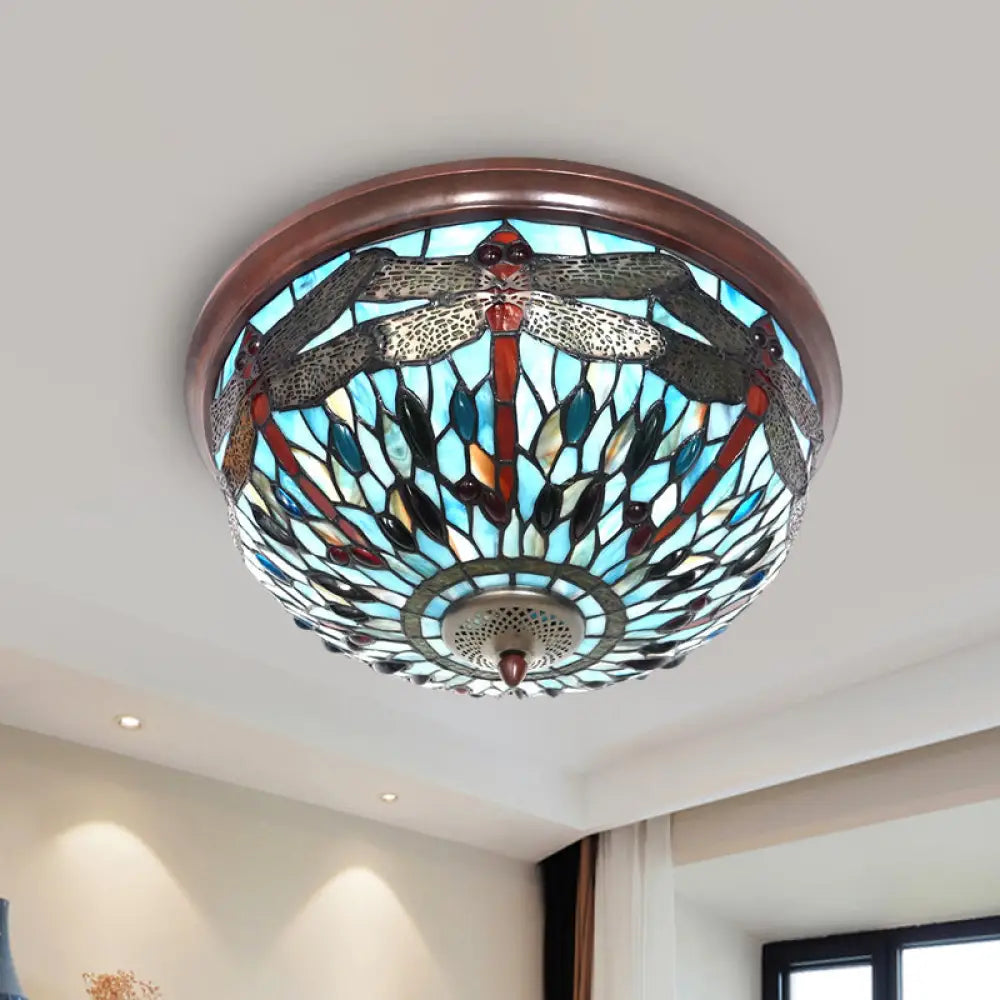 Dome Flush Mount Light: Blue/Red Tiffany Stained Glass Led Ceiling Lamp With Dragonfly Pattern Blue