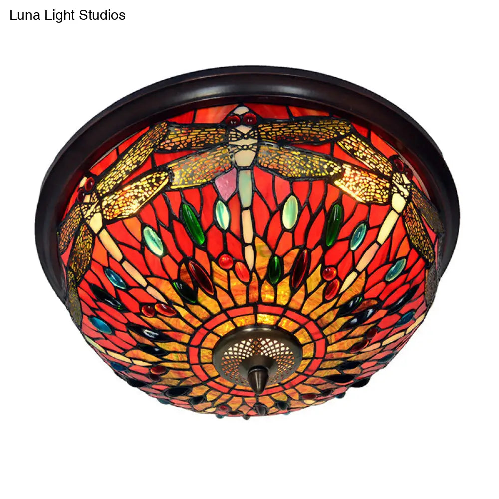 Dome Flush Mount Light: Blue/Red Tiffany Stained Glass Led Ceiling Lamp With Dragonfly Pattern