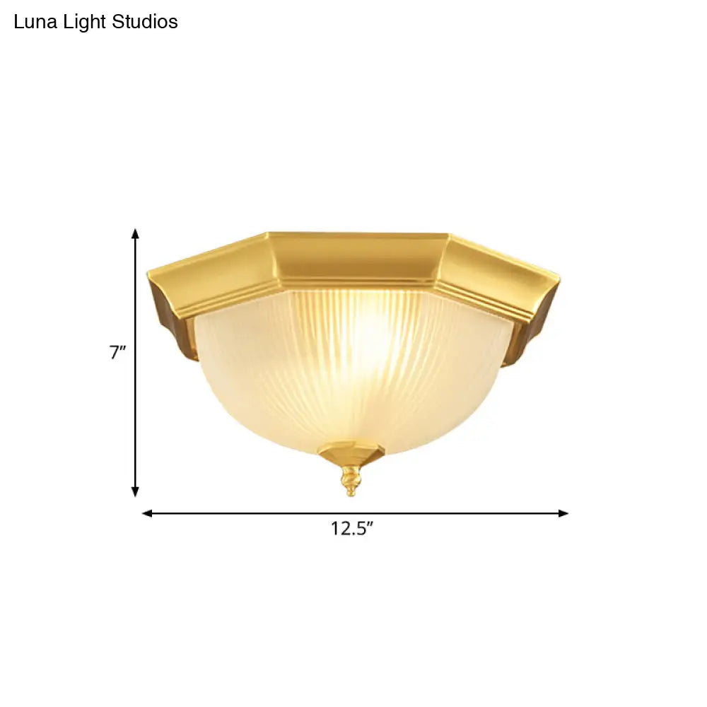 Dome Foyer Flush Mount Light - Colonial Ribbed Opal Glass Brass Finish Close To Ceiling Lamp