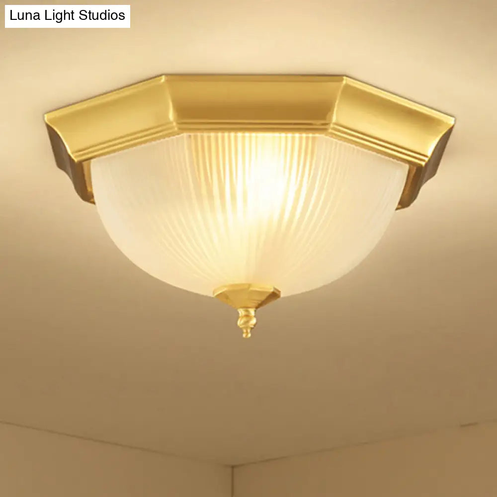 Dome Foyer Flush Mount Light - Colonial Ribbed Opal Glass Brass Finish Close To Ceiling Lamp