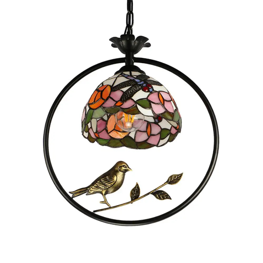 Dome Hanging Tiffany Lamp Kit - 1-Light Cut Glass Suspension Ceiling In Pink/Yellow With Bird Deco