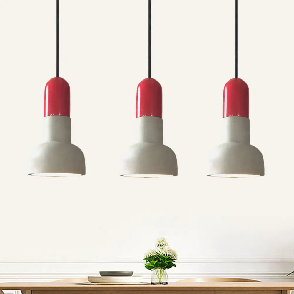 Dome Industrial Cement Pendant Light Fixture - Grey With Red/Black/Wood Accents Red