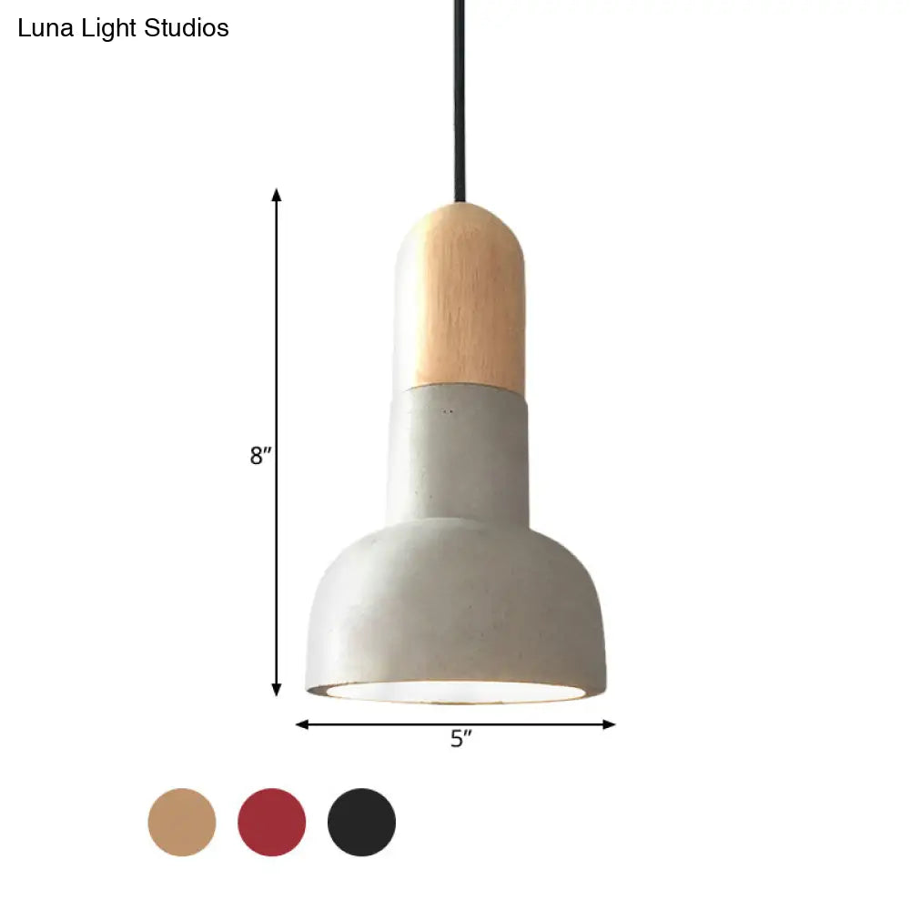 Dome Industrial Cement Pendant Light Fixture - 1 Grey With Red/Black/Wood Accent Ideal For